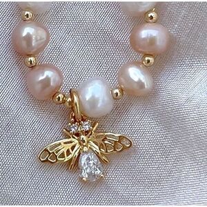 18K Gold Plated bumblebee charm Natural Pearl Bracelet Womens Jewelry